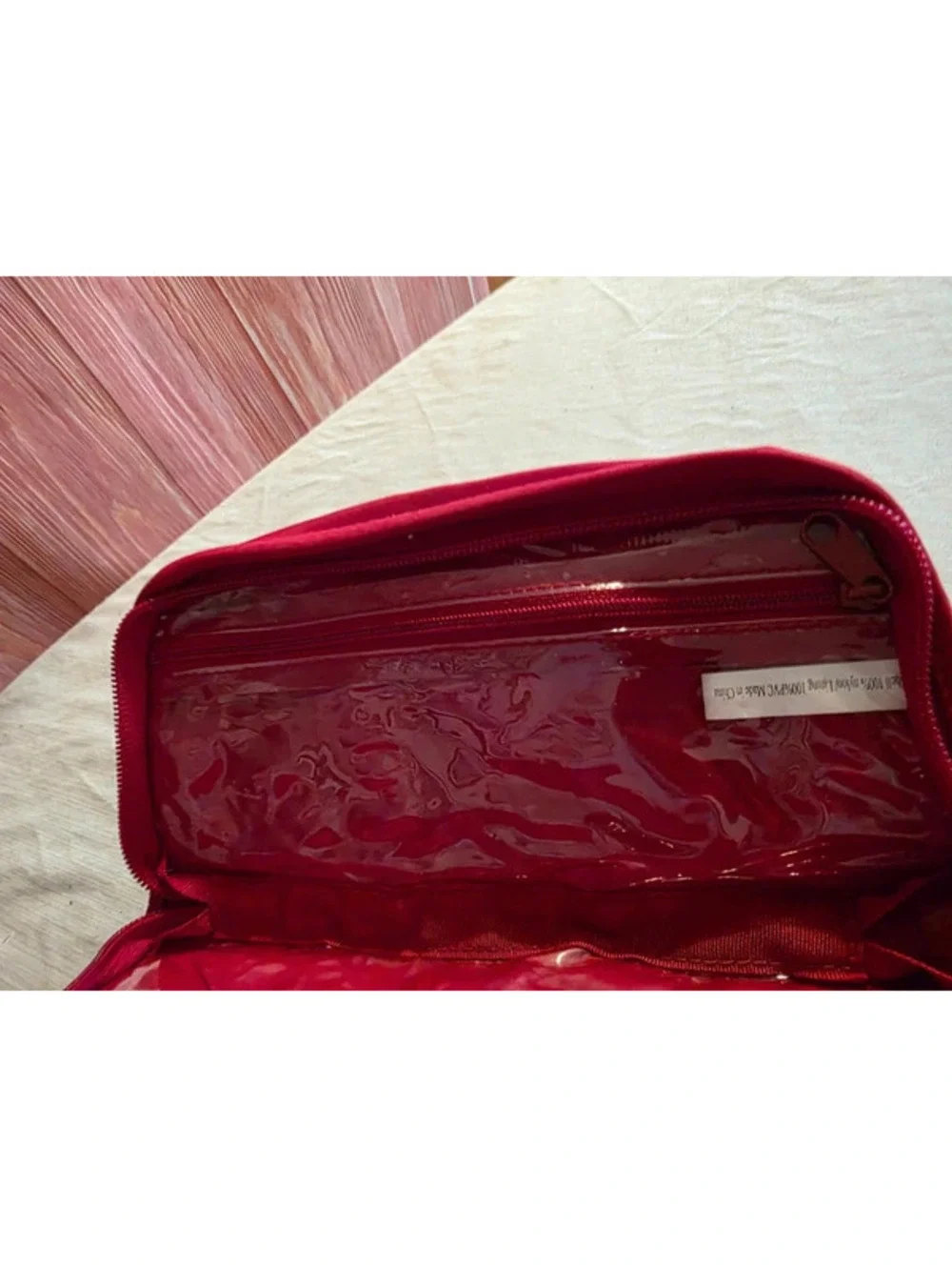 Red Nylon Cosmetic Travel Pouch w/ Silver Heart & Clear Zip Pockets
